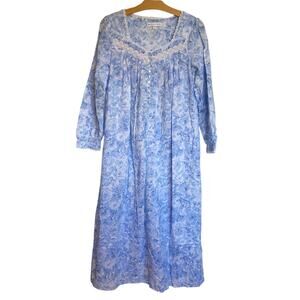 Eileen West Cotton Lawn Long Sleeve Nightgown Blue Toile Floral Dobby Night Gown